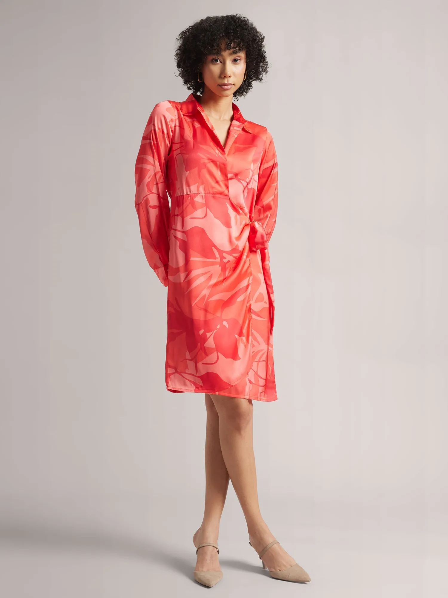 Women Coral Satin Abstract Wrap Dress