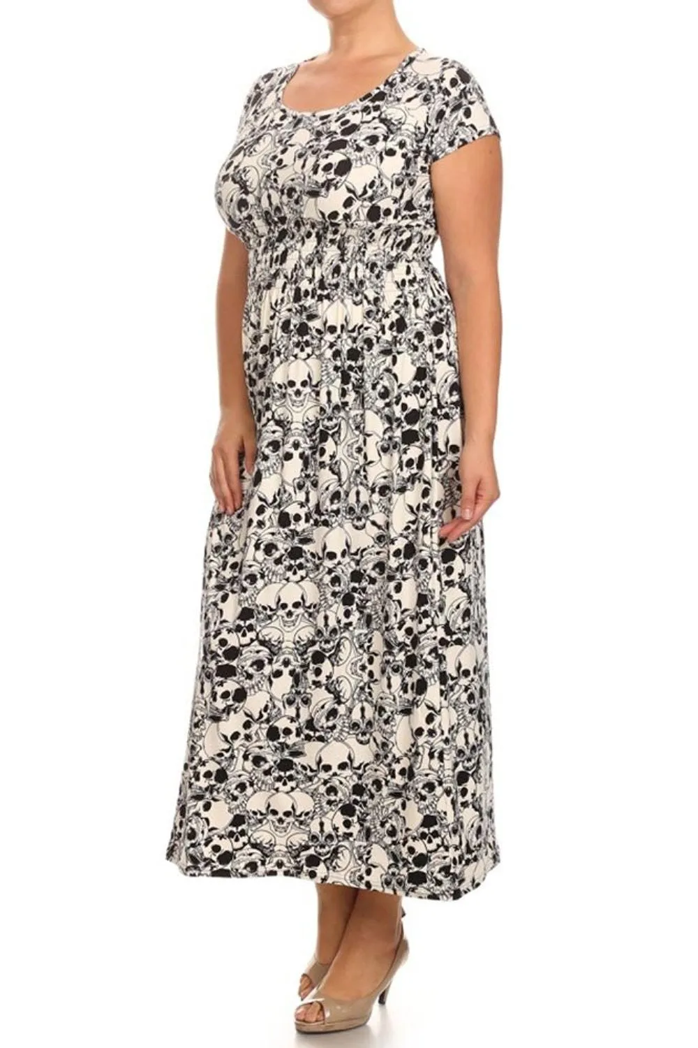 Women's Plus Size Short Sleeve Skull Print Maxi Dress - One Size