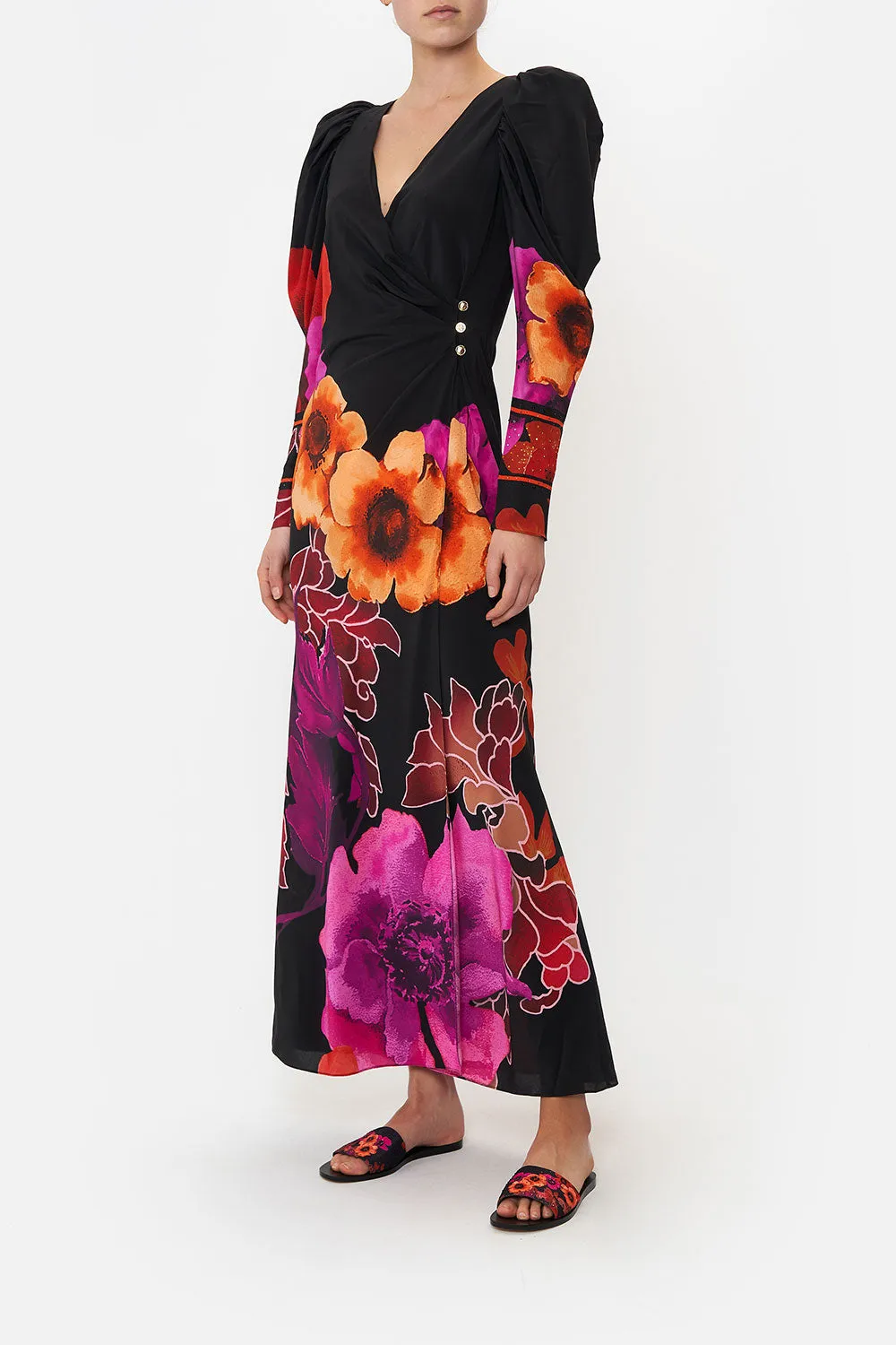 WRAP DRESS WITH DRAMATIC SLEEVE MIDNIGHT POPPY